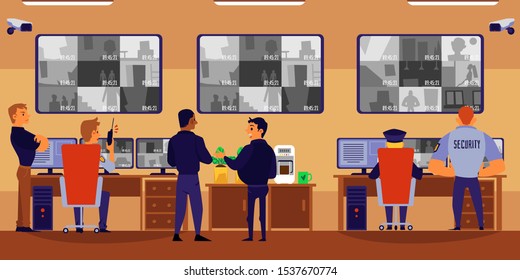 Cartoon people in security room talking and looking at surveillance camera monitor - flat banner of guard office staff at work watching video footage - vector illustration