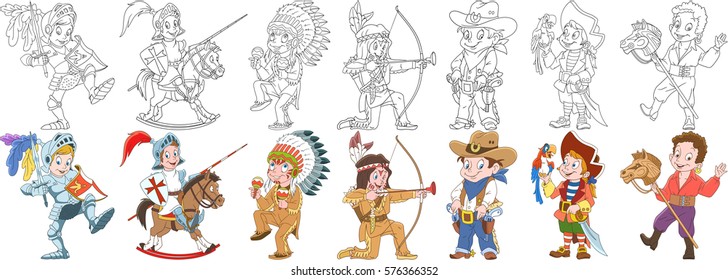 Cartoon people set. Collection of carnival costumes. Knight, native american indian chief, cowboy, sea pirate with macaw parrot, gypsy boy riding toy horse. Coloring book pages for kids.