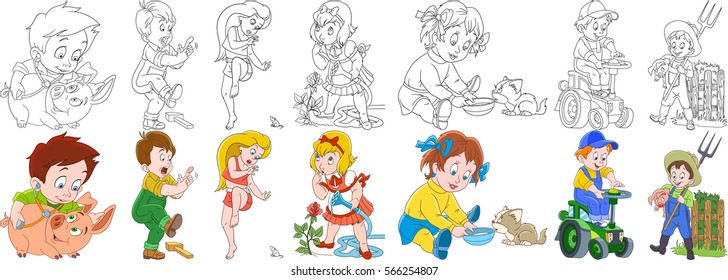 Cartoon people set. Farm collection. Veterinarian doctor, boy hitting a finger, woman and mouse, girl and rose flower, child feeding a cat, boy driving a tractor, farmer. Coloring book pages for kids.