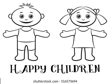 Cartoon People, Set of Happy Children, Funny Little Boy and Girl, Standing with Arms Wide Open and Smiling, Black Contour Isolated on White Background. Vector