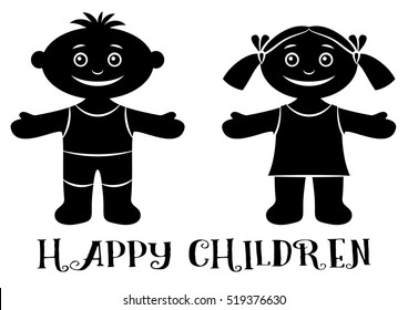 Cartoon People, Set of Happy Children, Funny Little Boy and Girl, Standing with Arms Wide Open and Smiling, Black Silhouette Isolated on White Background. Vector