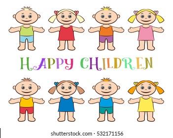 Cartoon People, Set of Happy Children, Funny Little Boys and Girls in Colorful Clothes, Standing with Arms Wide Open and Smiling, Isolated on White Background. Vector