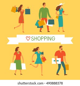 Cartoon people with shopping bags. Sale and shopping illustration set for your design