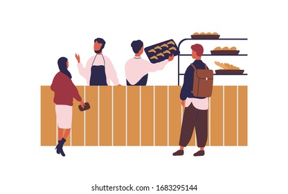 Cartoon people shopping at bakery buying fresh bread vector flat illustration. Colorful customers of baker house isolated on white background. Shop assistants working and selling pastry