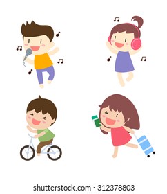 Cartoon people singing,listening music,biking and running