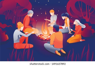 Cartoon People Sit Bonfire at Summer Night Vector Illustration. Man Woman Friend Together Tell Scary Story near Fire. Summertime Camping Evening. Forest Wood Picnic. Nature Recreation.