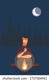 Cartoon People Sit Bonfire at Summer Night Vector Illustration. Summertime Camping Evening. Forest Wood Picnic. Nature Recreation.