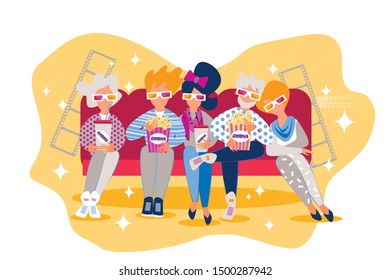 Cartoon People Sit On Couch Eating Popcorn Vector Illustration. Man Woman Watch Cinema In Glasses. 3d Technology. Movie Theater Evening Night Entertainment. Family Leisure. Film Audience