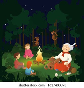 Cartoon people sitting by fire in evening in forest. Grandmother tells fairy tale to children and dog. Summer Night Vector Illustration. 