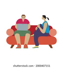 Cartoon people are sitting on a sofa. Man works on laptop, woman looks in his direction. Family couple vector illustration.