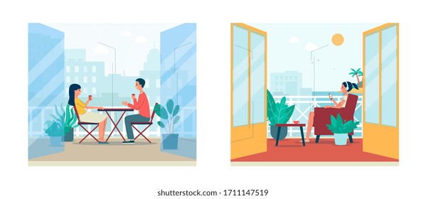 Cartoon People Sitting And Relaxing On Balcony With Summer City And Tropical Island Landscape View. Cozy Outdoor Terrace With Open Double Doors - Flat Set Vector Illustration