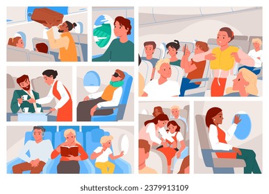 Caricatura de personas sentadas en asientos en el interior de la cabina del avión, mirando por la ventana o durmiendo, azafata sirviendo bebidas, presentando chalecos salvavidas. Viajes de pasajeros por medio de un vector de plano