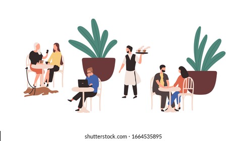 Cartoon people sitting at street cafe vector flat illustration. Colorful couple, man and woman relaxing at outdoors cafeteria isolated on white. Various visitors person spending time together