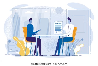 Cartoon People Sitting Table, Man Holding Contract Vector Illustration. Work Employment Application, Business Deal, Insurance, Investment, Mortgage, Loan Paper. Lawer Notary Client Document Sign