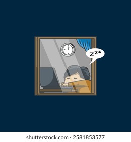 Cartoon People Sleepy Work at Midnight from Window View Illustration