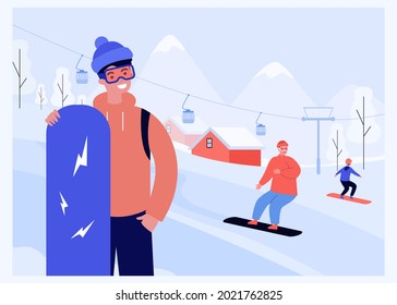 Cartoon people snowboarding at ski resort. Happy man standing with snowboard flat vector illustration. Winter, outdoor activity, sports, holiday concept for banner, website design or landing web page