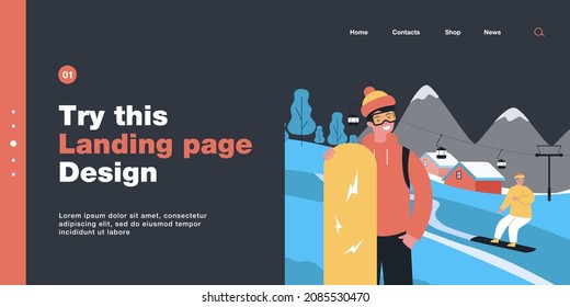 Cartoon people snowboarding at ski resort. Happy man standing with snowboard flat vector illustration. Winter, outdoor activity, sports, holiday concept for banner, website design or landing web page