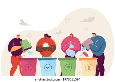 Cartoon people sorting garbage together. Flat vector illustration. Four men and women standing near containers for paper, plastic, organic and glass trash. Recycling, waste sorting, ecology concept