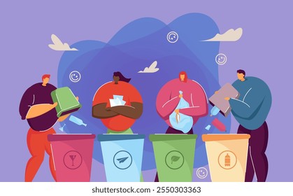 Cartoon people sorting garbage together. Flat vector illustration. Four men and women standing near containers for paper, plastic, organic and glass trash. Recycling, waste sorting, ecology concept