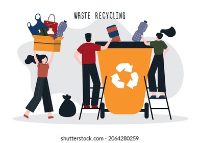 Cartoon people sorting and throwing garbage in can. Recycling and sort waste. Separation and recycle trash. Refuse collection, segregation and reclamation. Environmental protection.Vector illustration