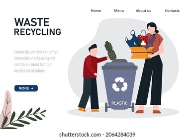 Cartoon people sorting and throwing garbage in can. Recycling and sort waste. Separation and recycle trash. Refuse collection, segregation and reclamation. Template, landing page. Vector illustration