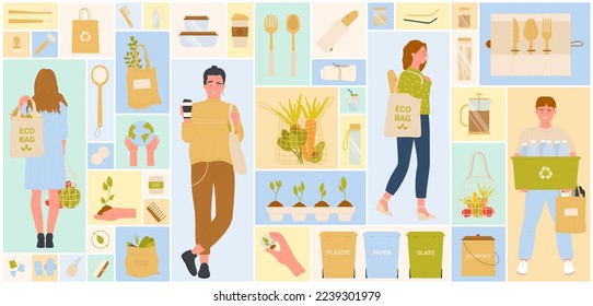 Caricaturistas clasificando basura en un contenedor para su reutilización, tecnología ecológica sostenible, objetos ecológicos y bolsas para su compra en un fondo geométrico de collage. Ilustración vectorial del conjunto de estilos de vida de desechos cero