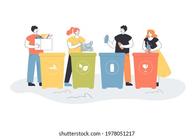 Cartoon people sorting trash flat vector illustration. People putting garbage in different trash cans or containers for glass, paper, plastic, food waste. Recycling, waste sorting, ecology concept