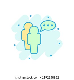 Cartoon people with speach bubble icon in comic style. People illustration pictogram. Users person sign business splash concept.