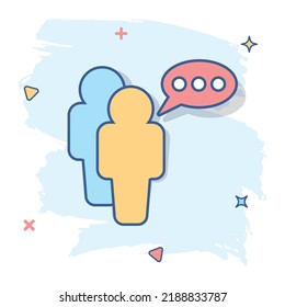 Cartoon People With Speach Bubble Icon In Comic Style. Person Illustration Pictogram. Users Person Sign Splash Business Concept.