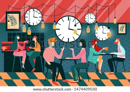 Cartoon People Speed Dating Event in Cafe Vector Illustration. Clock Alarm Timer Symbol. Couple First Date. Boy Girl Meeting. Man Woman at Restaurant Talk, Drink, Chat. Love Relationship