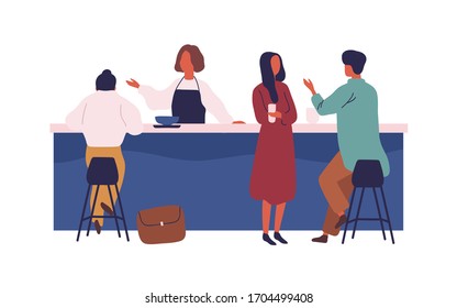 Cartoon people spend time talk at cafe on bar vector flat illustration. Colorful man and woman eat drink and communicate at cafeteria isolated on white. Female waitress personnel stand at counter