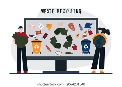 Cartoon people stand in front of computer screen. Humanity appealing for intelligent waste separation and recycling. Waste recycle sign. Protection and saving of ecology. Flat vector illustration