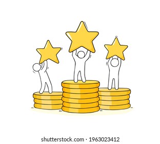 Cartoon people standing with gold stars on the coins. Hand drawn vector illustration about finance and rating concept.