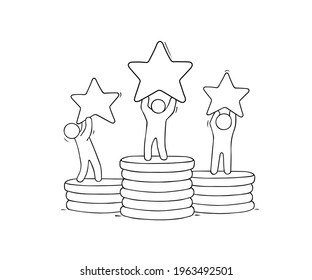 Cartoon people standing with gold stars on the coins. Hand drawn vector illustration about finance and rating concept.