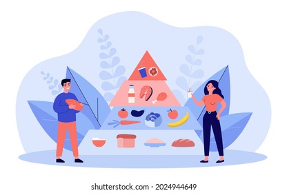 Cartoon people standing near food pyramid. Flat vector illustration. Maslow-style food pyramid with foods containing proteins, fats, carbohydrates, vitamins. Diet, health, nutrition, product concept