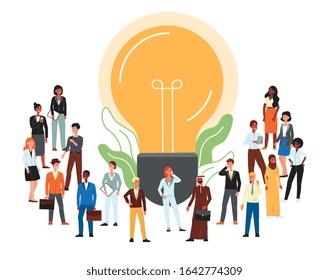 Cartoon people standing near lightbulb icon - creative global business community and diversity banner with crowd of men and women in office clothes. Flat vector illustration