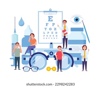 A cartoon of people standing on a chart with eye chart and glasses