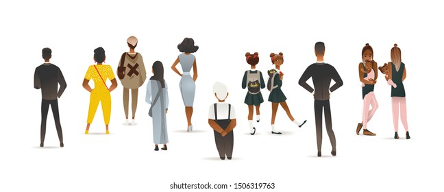 Cartoon people standing seen from back view - isolated set on white background. Men and women hand drawn in full body from backside - vector illustration.