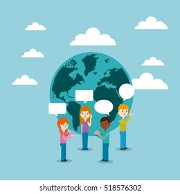 cartoon people standing with speech bubble over earth planet icon and sky backgorund. vector illustration