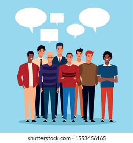 cartoon people standing with speech bubbles over blue background, colorful design. vector illustration