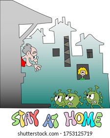 Cartoon people staying at home to be safe from corona virus vector illustration