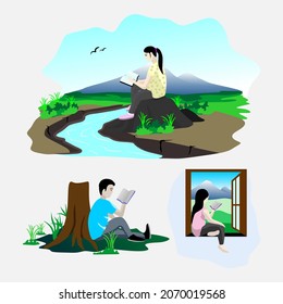 cartoon of people or students reading a book or studying. Set of book lovers, readers, fans of modern literature on scenic background. Flat cartoon vector illustration.