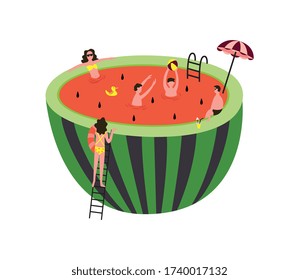 Cartoon people swimming in giant watermelon pool - tropical summer vacation inside big fruit. Friends playing ball and relaxing isolated on white background, flat vector illustration
