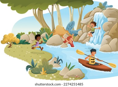 Cartoon people swimming in a lake with waterfall. Adventure scene in the forest. 
