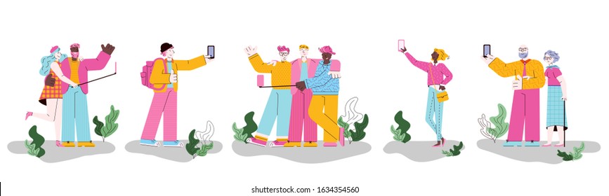 Cartoon people taking selfie - flat banner with isolated people standing outdoors