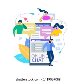 Cartoon People Talk on Mobile Phone. Messenger Interface Vector Illustration. Man Speak on Smartphone. Woman Call Friend. Conversation Online. Message Love Flirt Dialog Communication SMS Service