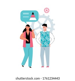 Cartoon people talking about charts and settings - couple standing and discussing pyramid scheme concept. Flat isolated vector illustration on white background.