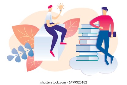 Cartoon People Talking, Man Hold Light Bulb Vector Illustration. Creative Idea Symbol. Book Stack Learning Education Knowledge Power Concept. Office Teamwork Business Meeting Discussion