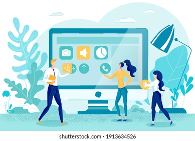 Cartoon People Team Creating New Usable App Design. Application Icons on Giant Digital PC Monitor. Office Designers Working on Interface. Desktop Design with Moving Elements. Vector Flat Illustration