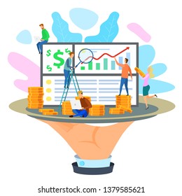 Cartoon People Team Presentation Perspective Income Growth Gold Coin Money Hand Vector Illustration. Financial Report Success Strategy Profit Planning Teamwork Management Marketing Buy Business